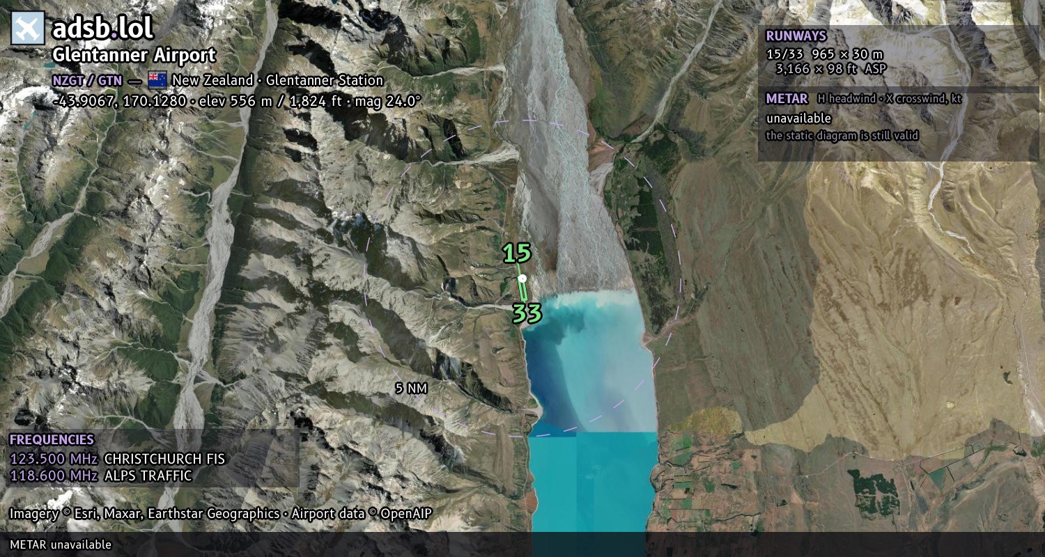Satellite map with the runway layout of Glentanner Airport (NZGT)