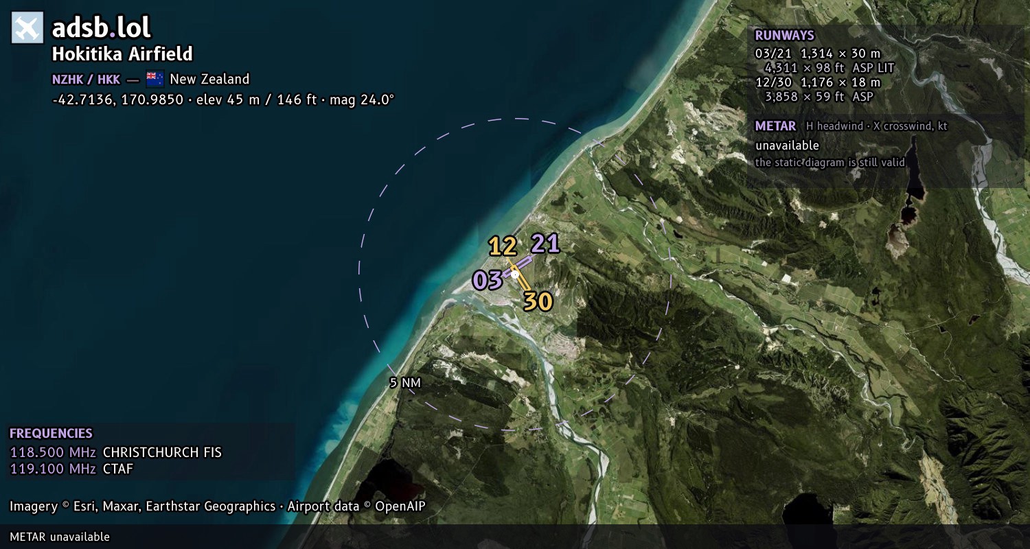 Satellite map with the runway layout of Hokitika Airfield (NZHK)