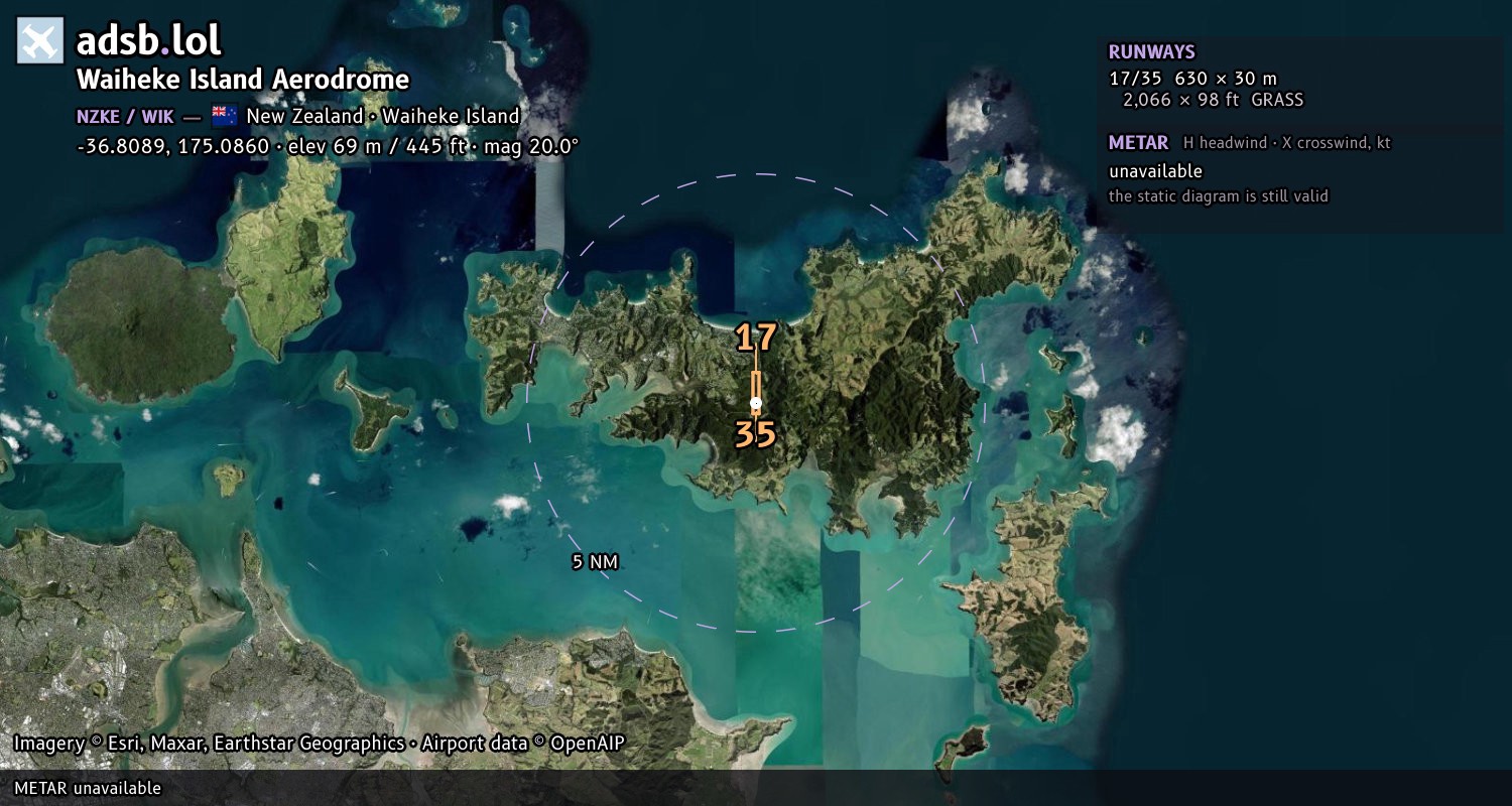 Satellite map with the runway layout of Waiheke Island Aerodrome (NZKE)