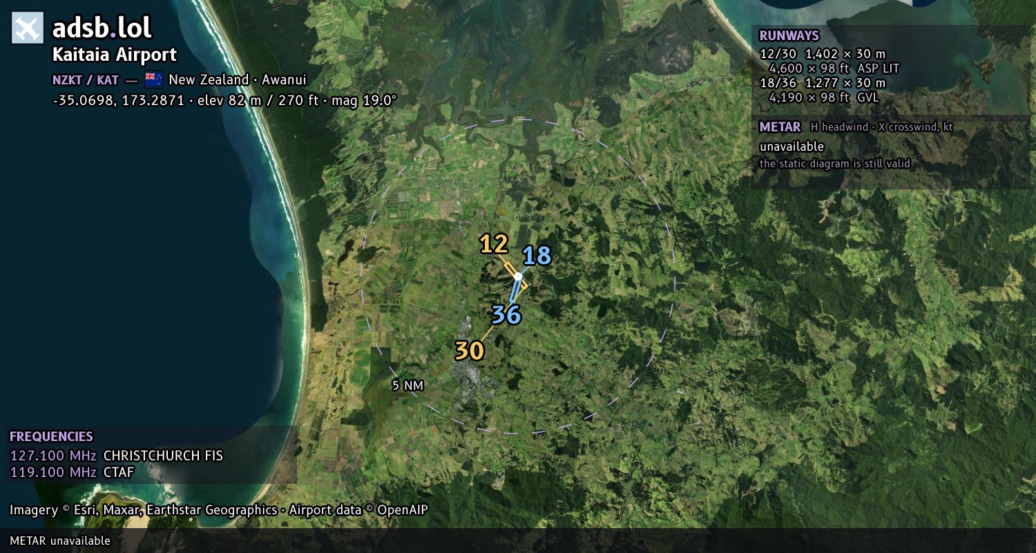 Satellite map with the runway layout of Kaitaia Airport (NZKT)