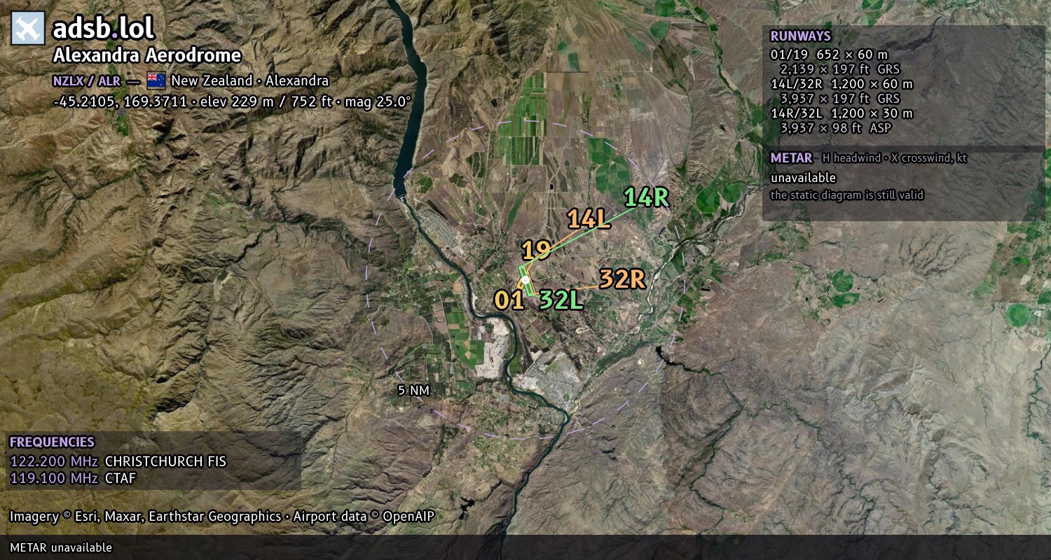 Satellite map with the runway layout of Alexandra Aerodrome (NZLX)
