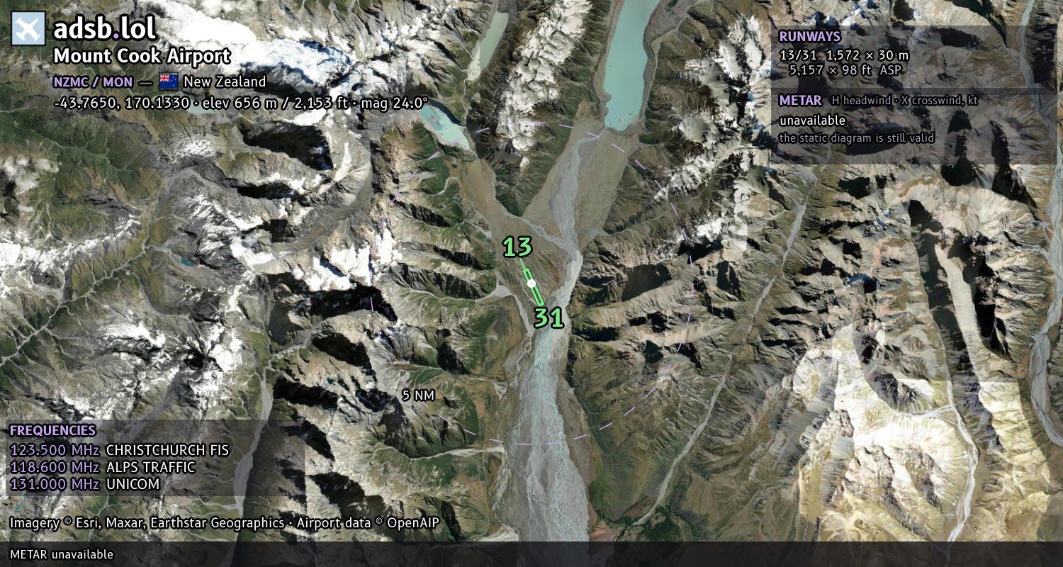 Satellite map with the runway layout of Mount Cook Airport (NZMC)