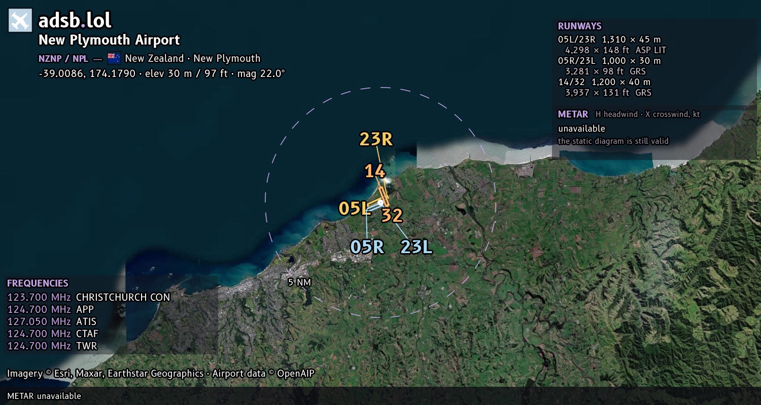 Satellite map with the runway layout of New Plymouth Airport (NZNP)