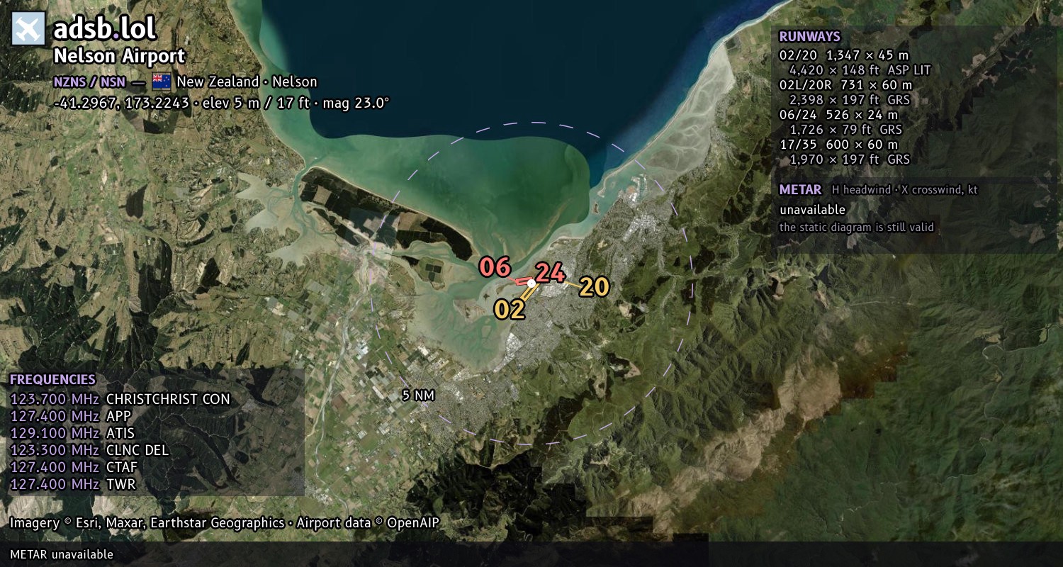 Satellite map with the runway layout of Nelson Airport (NZNS)