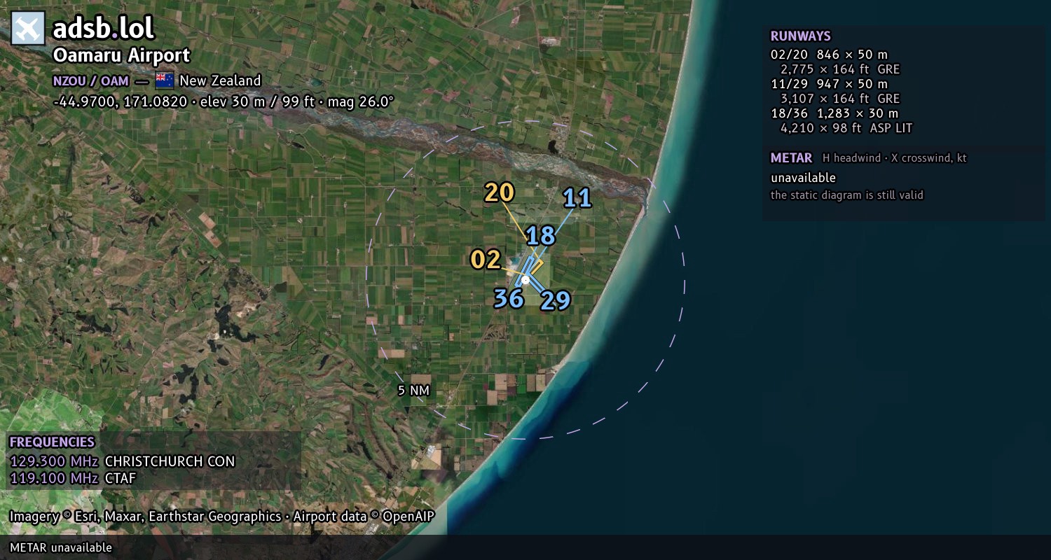 Satellite map with the runway layout of Oamaru Airport (NZOU)