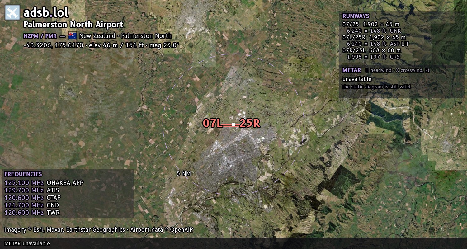 Satellite map with the runway layout of Palmerston North Airport (NZPM)