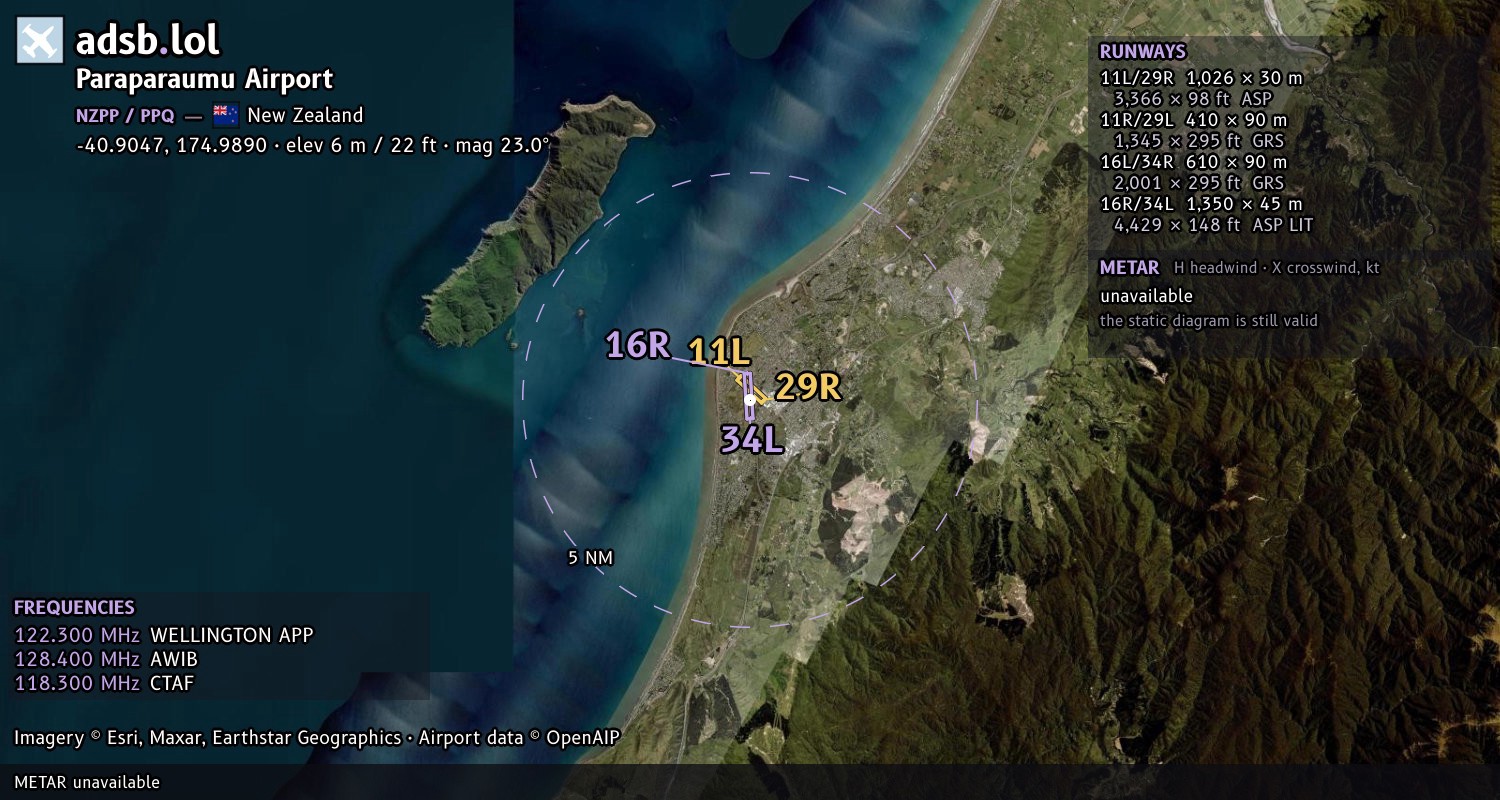 Satellite map with the runway layout of Paraparaumu Airport (NZPP)