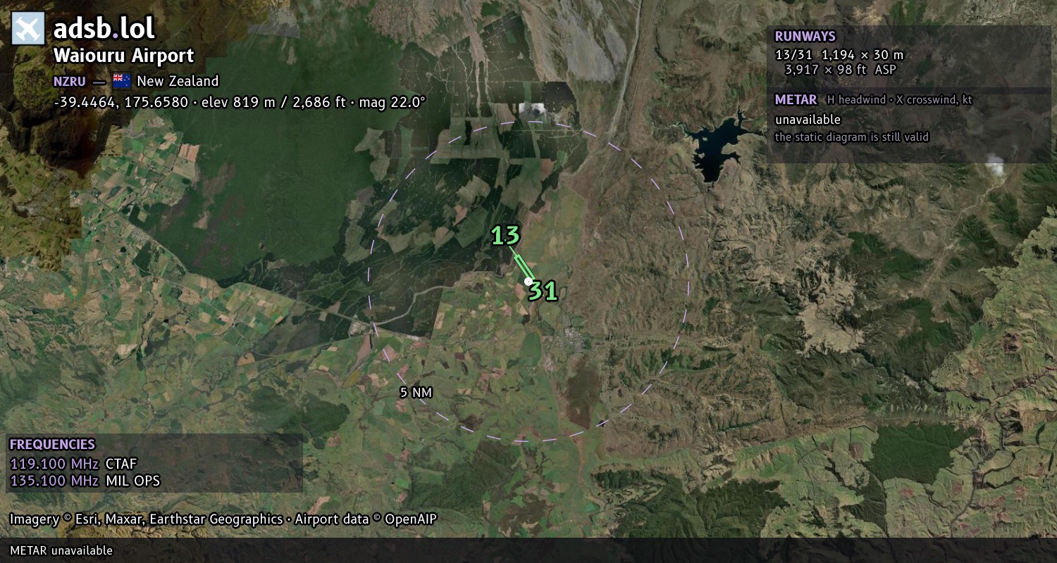 Satellite map with the runway layout of Waiouru Airport (NZRU)