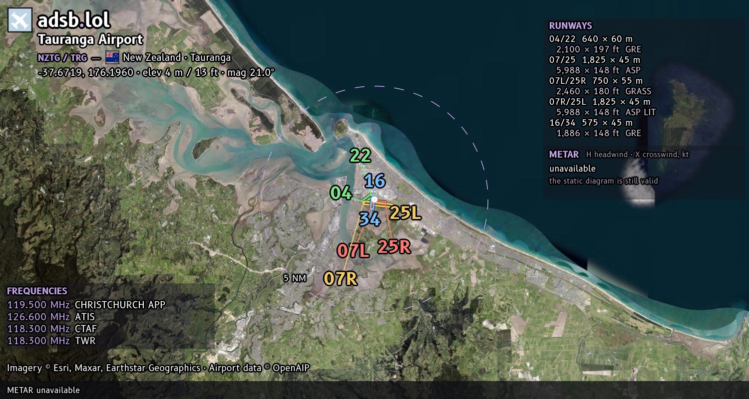 Satellite map with the runway layout of Tauranga Airport (NZTG)