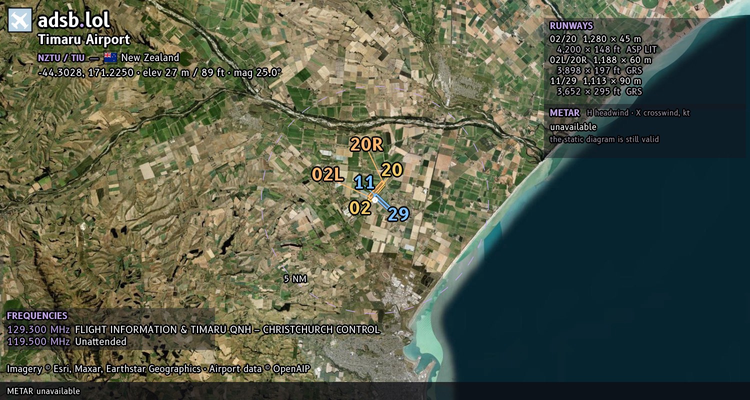Satellite map with the runway layout of Timaru Airport (NZTU)