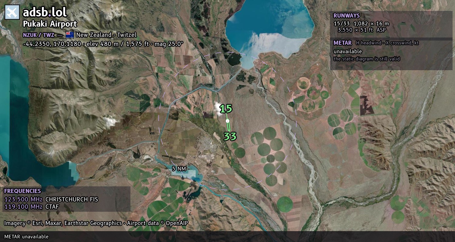 Satellite map with the runway layout of Pukaki Airport (NZUK)