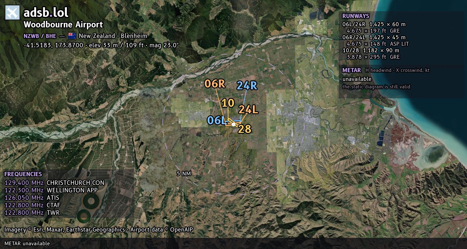 Satellite map with the runway layout of Woodbourne Airport (NZWB)