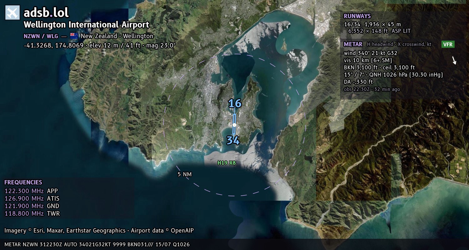Satellite map with the runway layout of Wellington International Airport (NZWN)