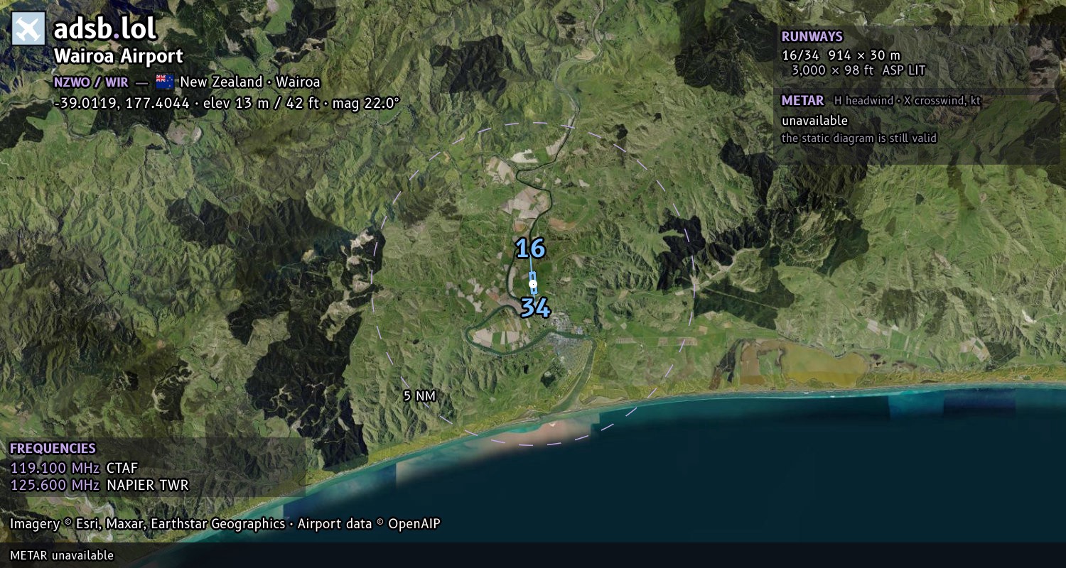 Satellite map with the runway layout of Wairoa Airport (NZWO)