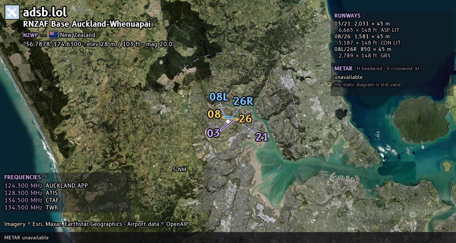 Satellite map with the runway layout of RNZAF Base Auckland-Whenuapai (NZWP)