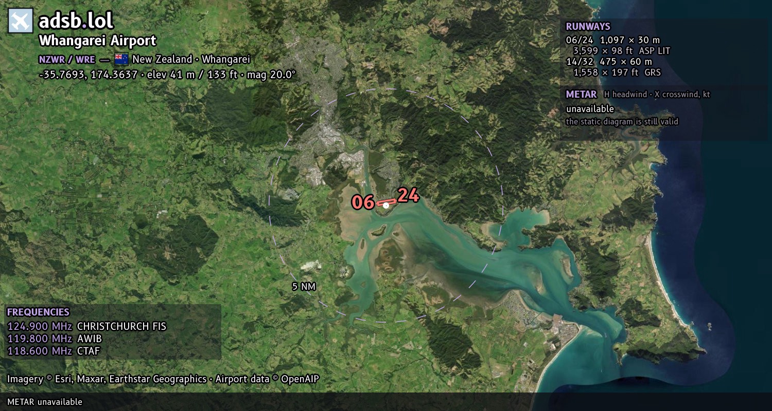 Satellite map with the runway layout of Whangarei Airport (NZWR)