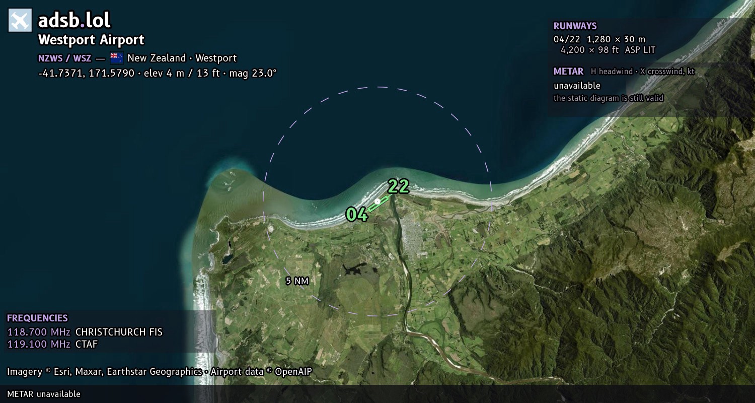 Satellite map with the runway layout of Westport Airport (NZWS)