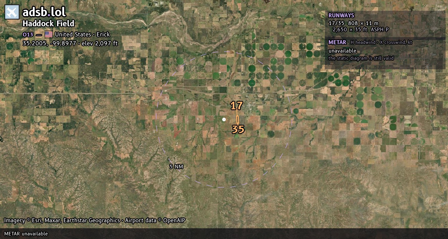 Satellite map with the runway layout of Haddock Field (O13)