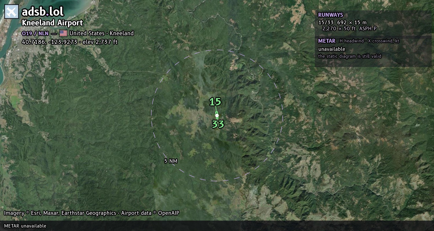 Satellite map with the runway layout of Kneeland Airport (O19)
