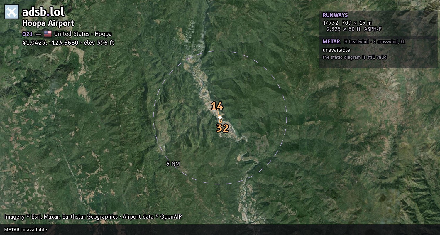 Satellite map with the runway layout of Hoopa Airport (O21)
