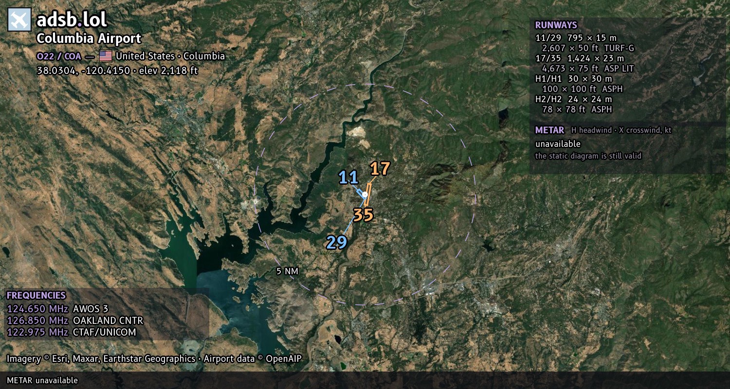 Satellite map with the runway layout of Columbia Airport (O22)