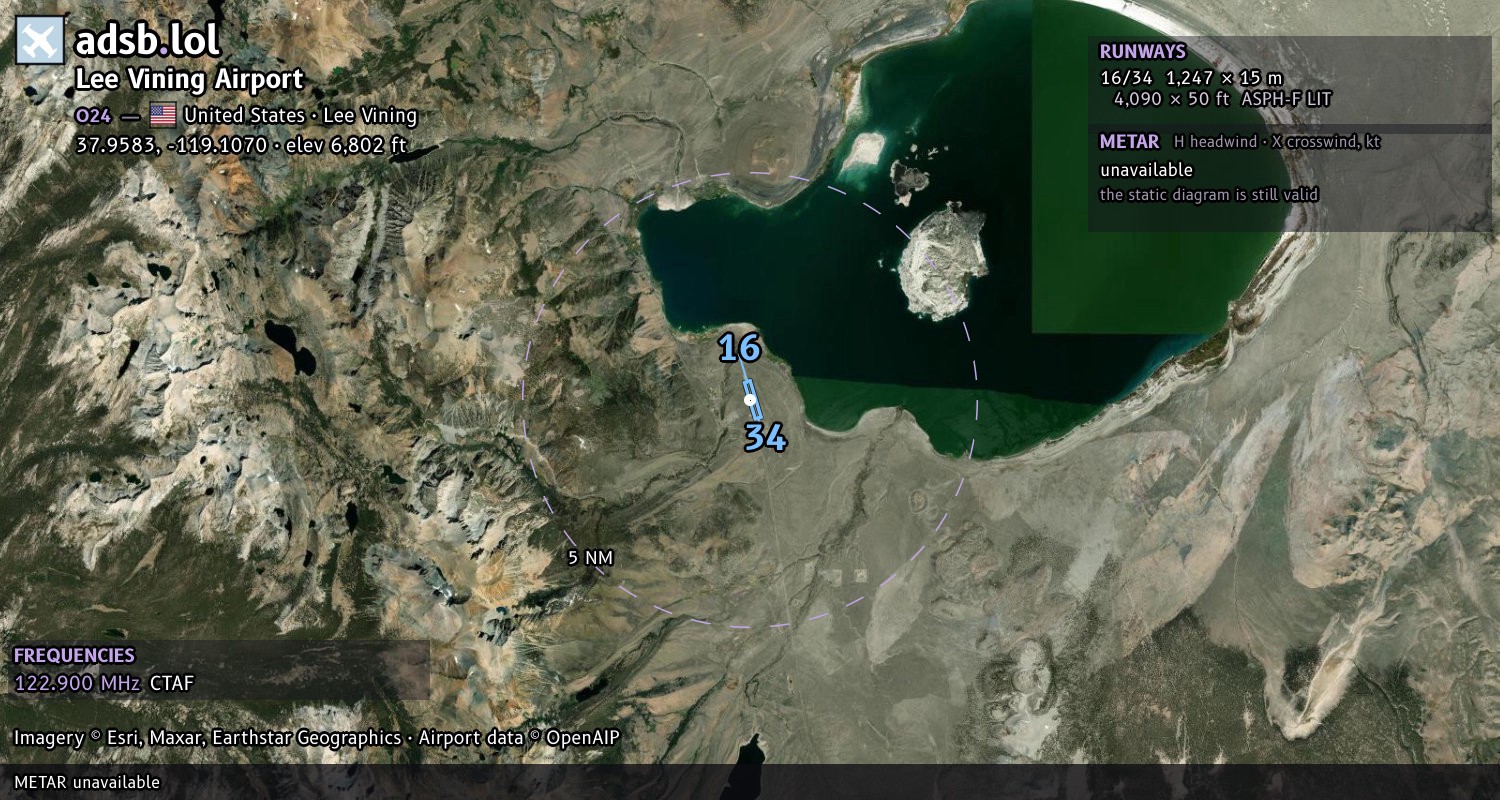 Satellite map with the runway layout of Lee Vining Airport (O24)