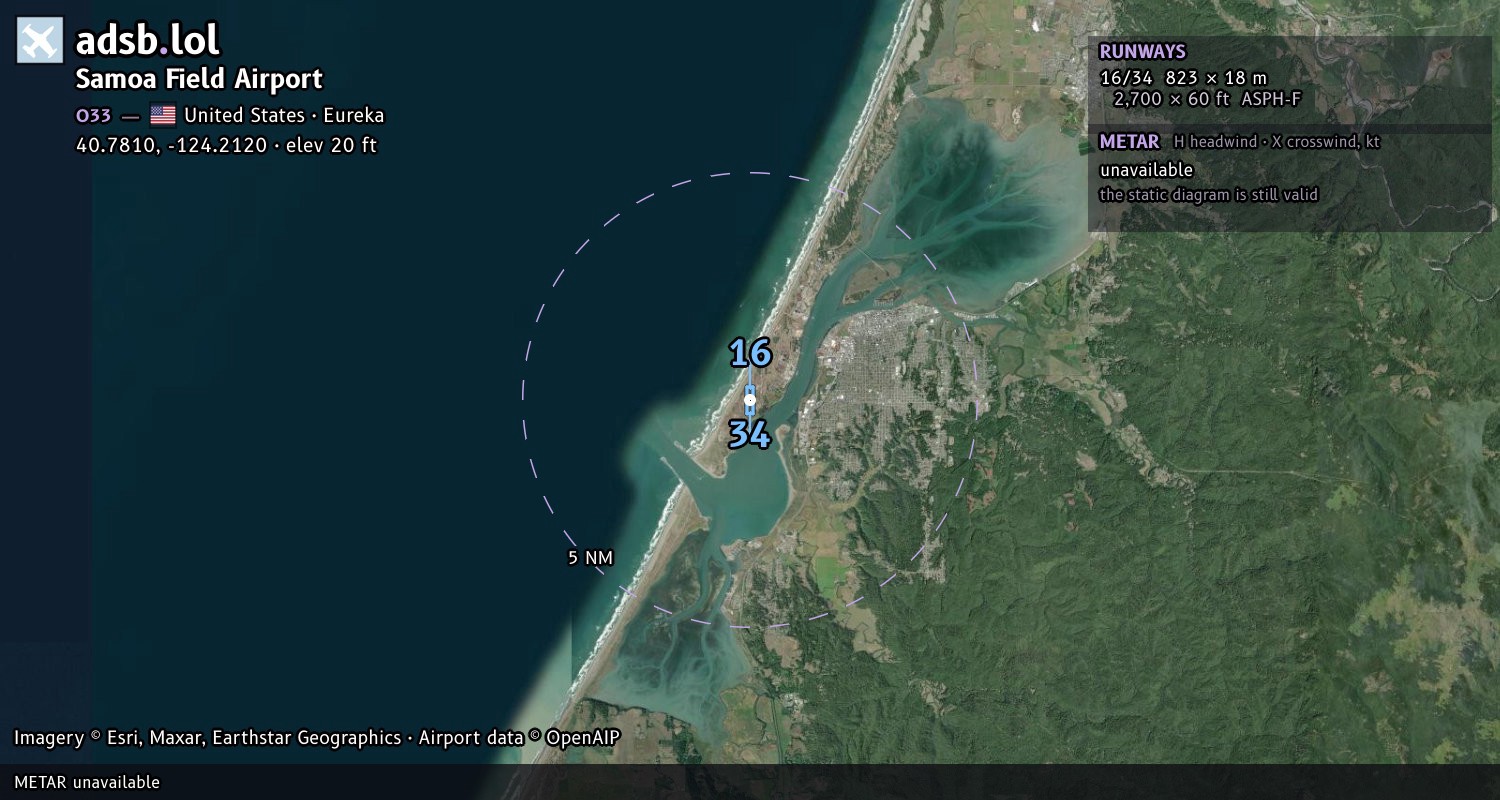Satellite map with the runway layout of Samoa Field Airport (O33)