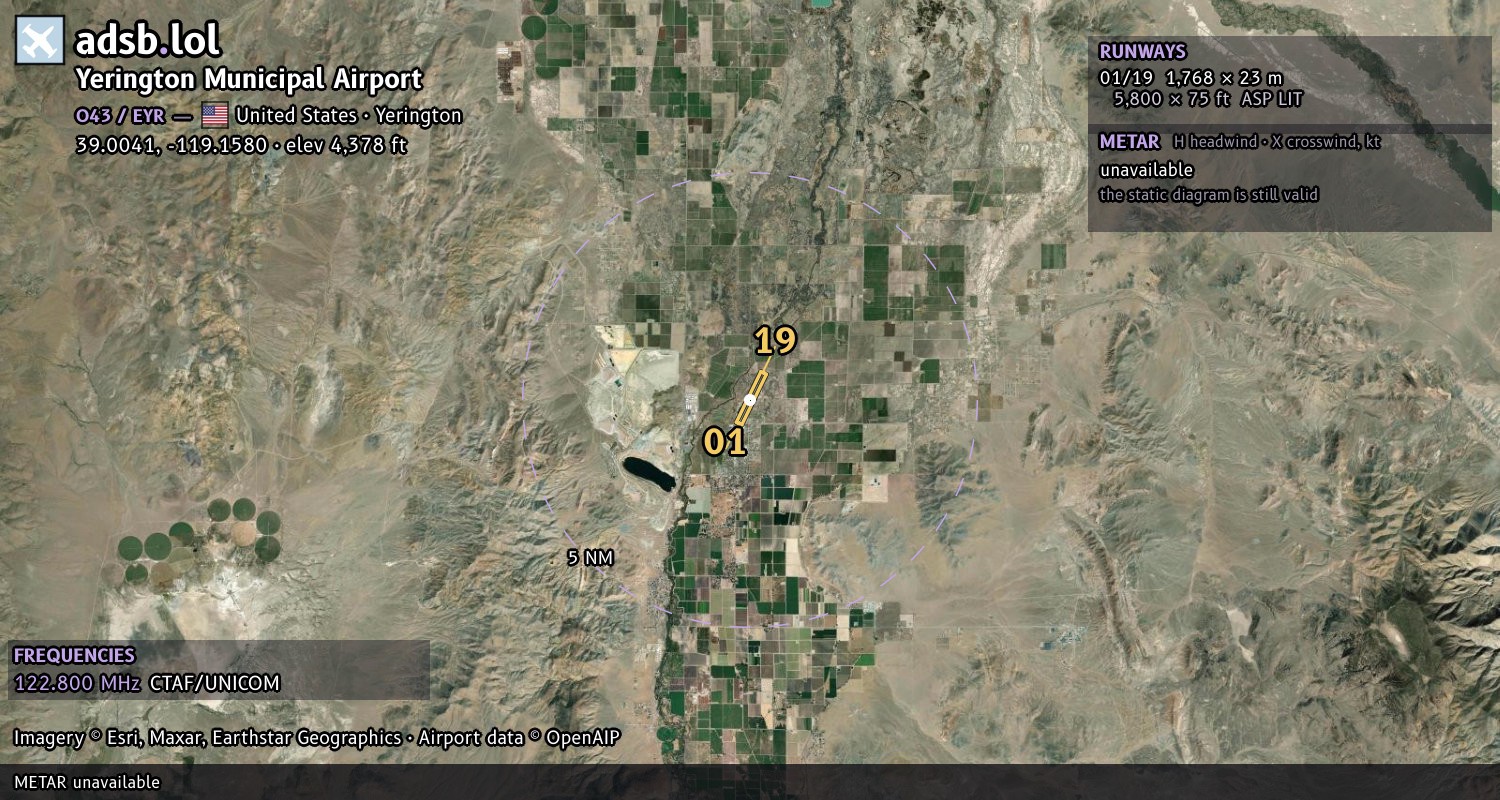 Satellite map with the runway layout of Yerington Municipal Airport (O43)