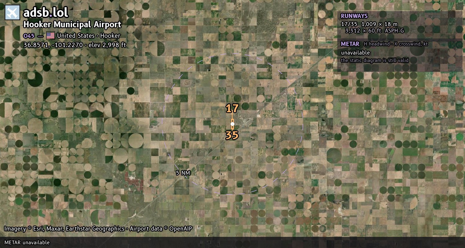 Satellite map with the runway layout of Hooker Municipal Airport (O45)