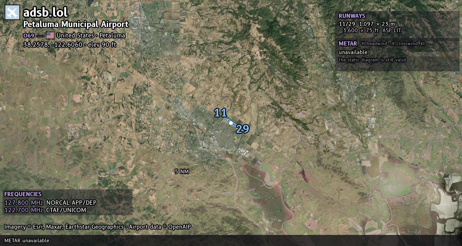 Satellite map with the runway layout of Petaluma Municipal Airport (O69)