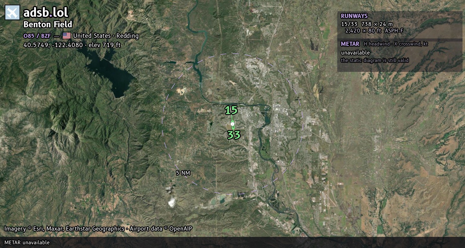 Satellite map with the runway layout of Benton Field (O85)