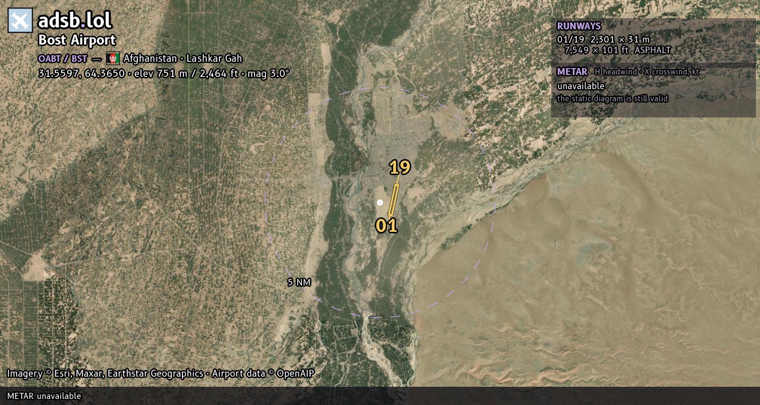 Satellite map with the runway layout of Bost Airport (OABT)