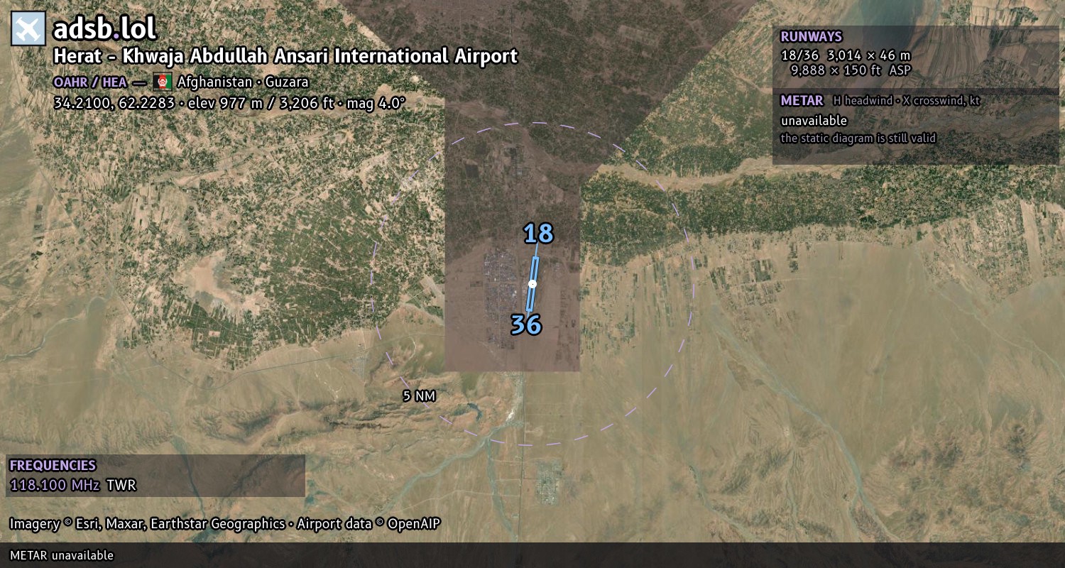Satellite map with the runway layout of Herat - Khwaja Abdullah Ansari International Airport (OAHR)
