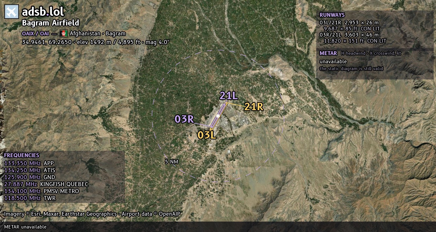 Satellite map with the runway layout of Bagram Airfield (OAIX)