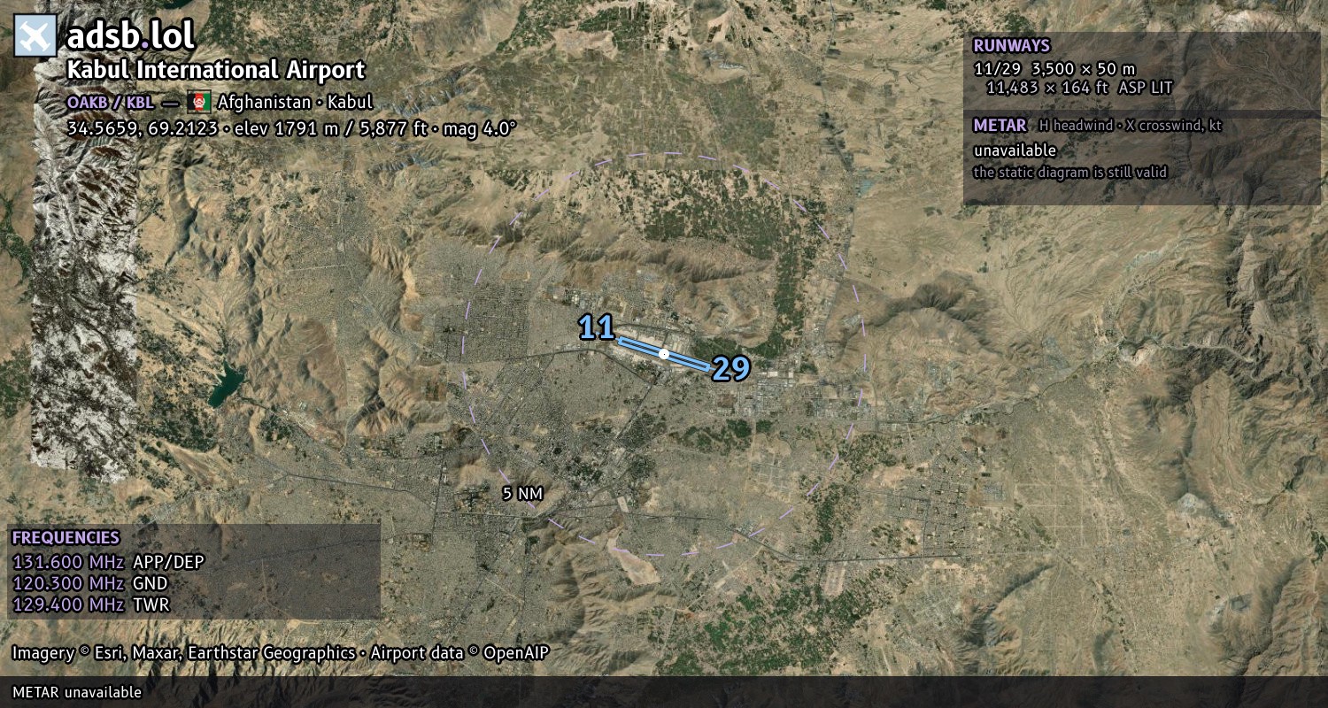 Satellite map with the runway layout of Kabul International Airport (OAKB)