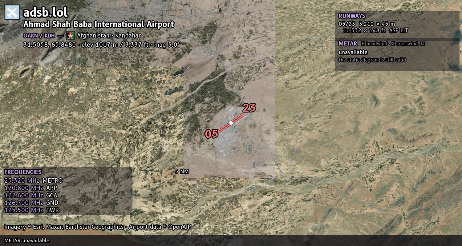 Satellite map with the runway layout of Ahmad Shah Baba International Airport (OAKN)