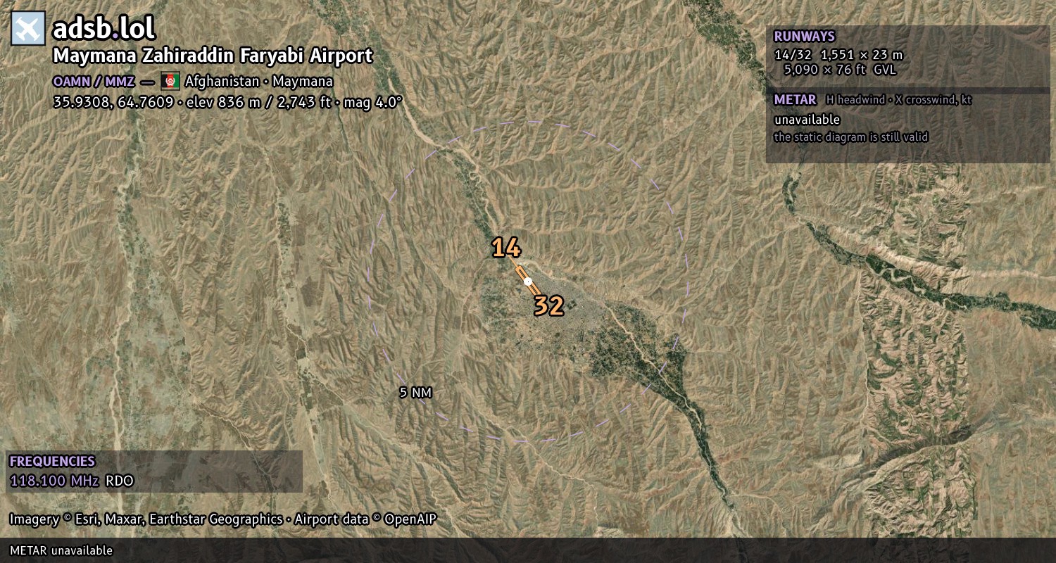 Satellite map with the runway layout of Maymana Zahiraddin Faryabi Airport (OAMN)