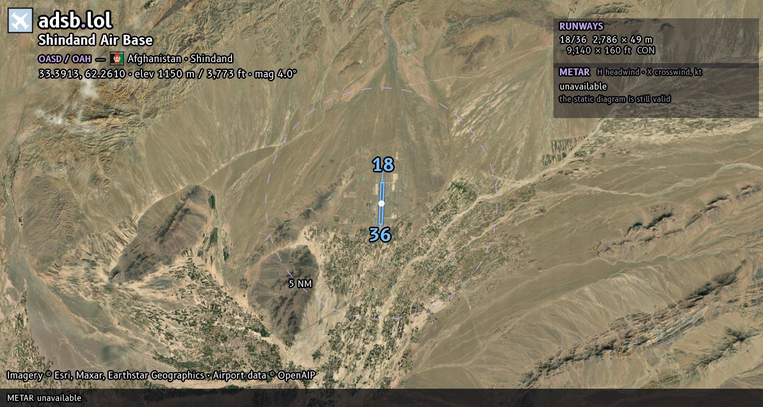 Satellite map with the runway layout of Shindand Air Base (OASD)