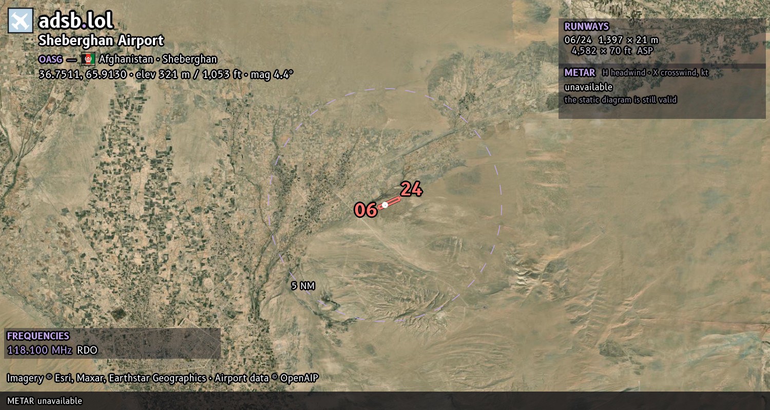 Satellite map with the runway layout of Sheberghan Airport (OASG)