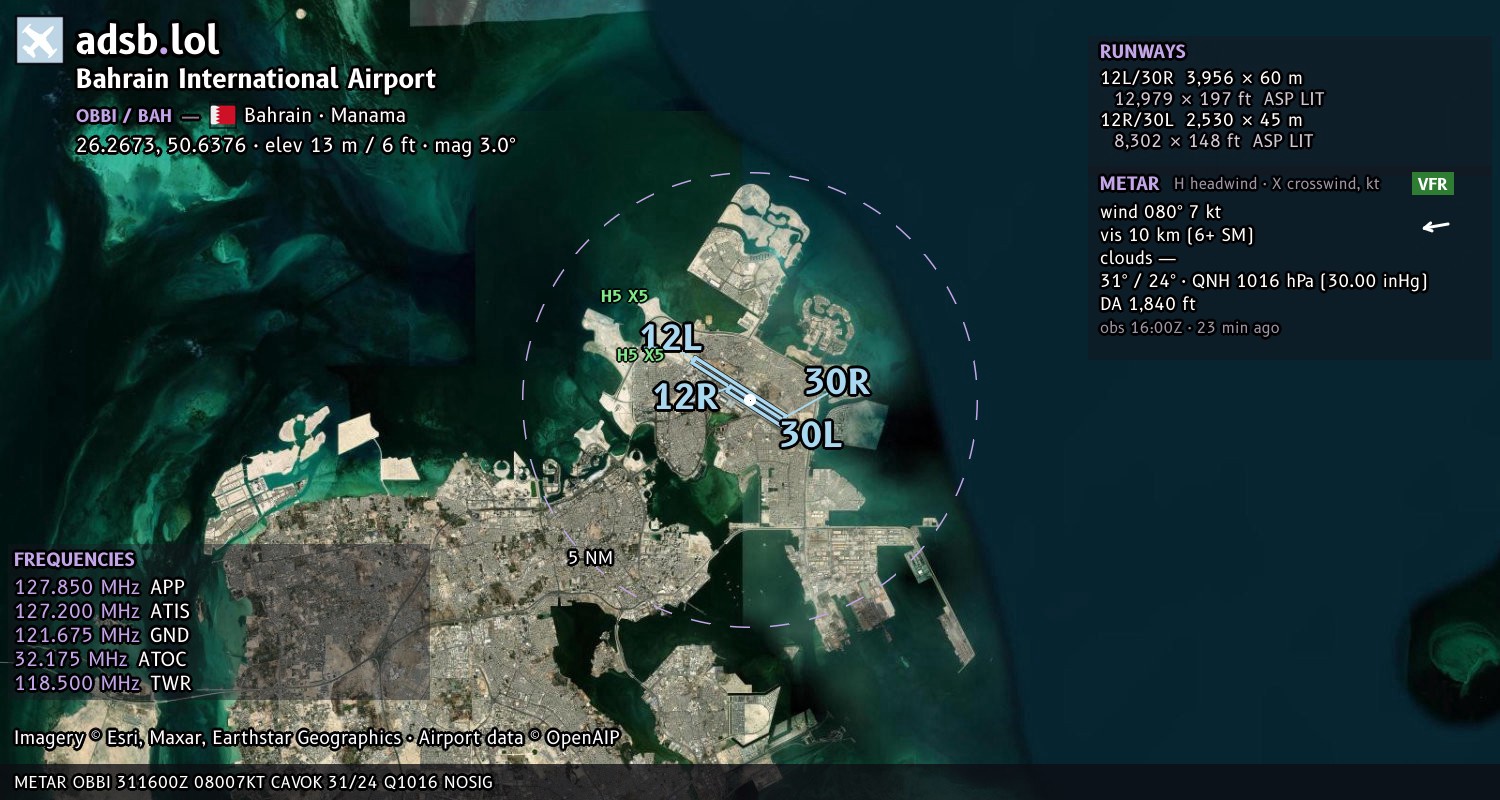 Satellite map with the runway layout of Bahrain International Airport (OBBI)