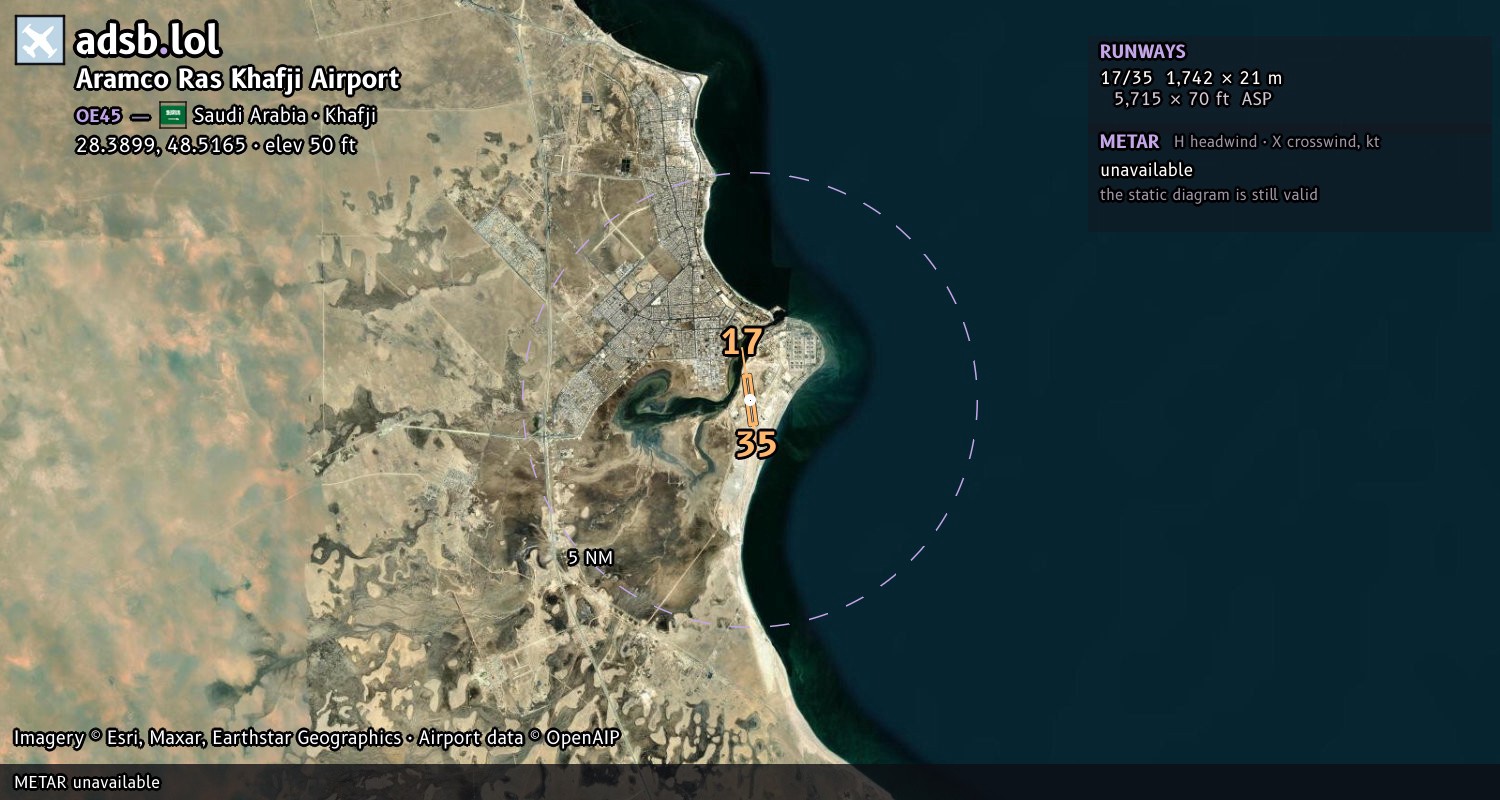 Satellite map with the runway layout of Aramco Ras Khafji Airport (OE45)
