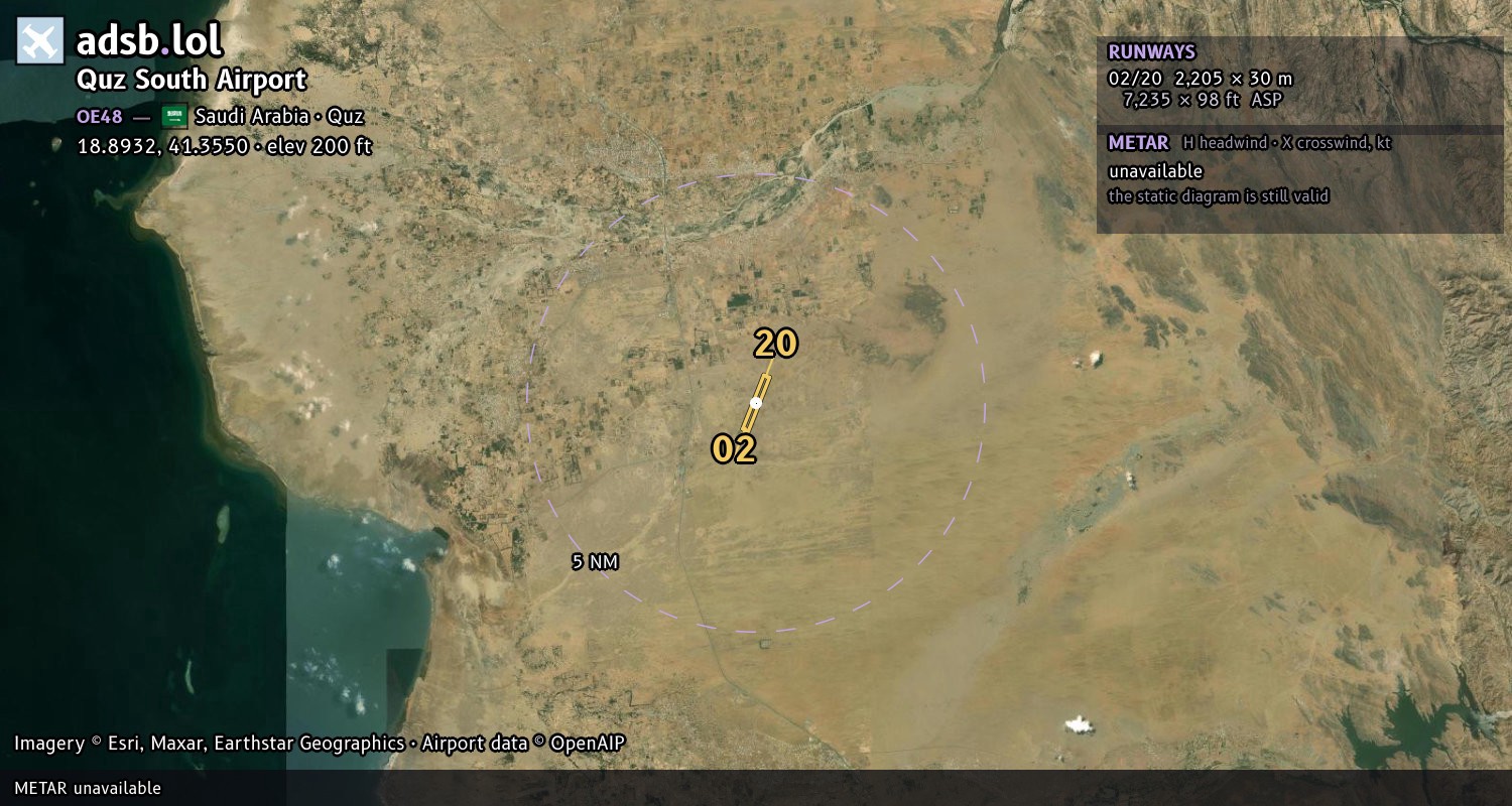 Satellite map with the runway layout of Quz South Airport (OE48)