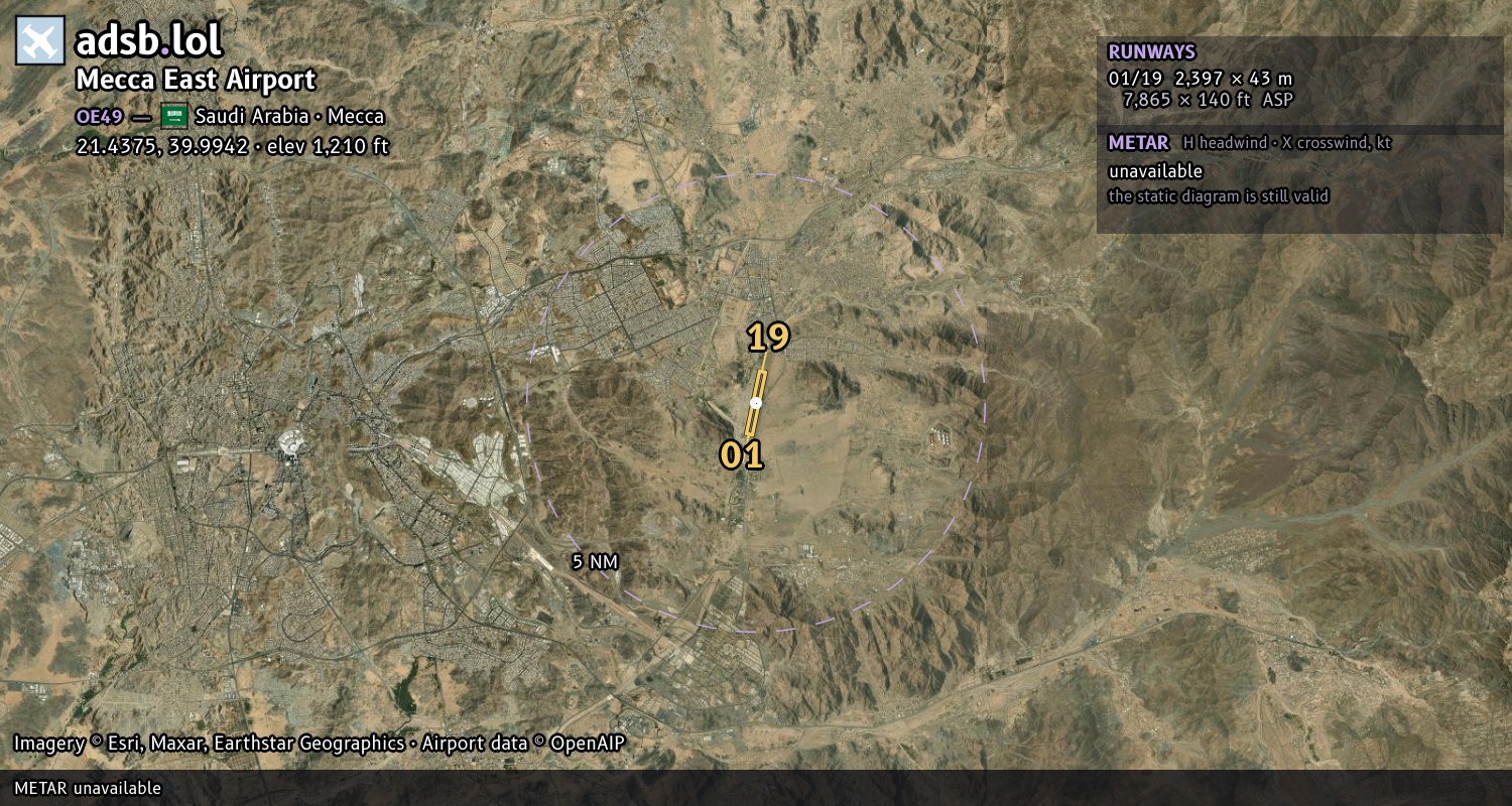 Satellite map with the runway layout of Mecca East Airport (OE49)