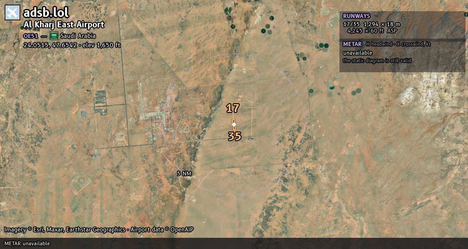 Satellite map with the runway layout of Al Kharj East Airport (OE51)