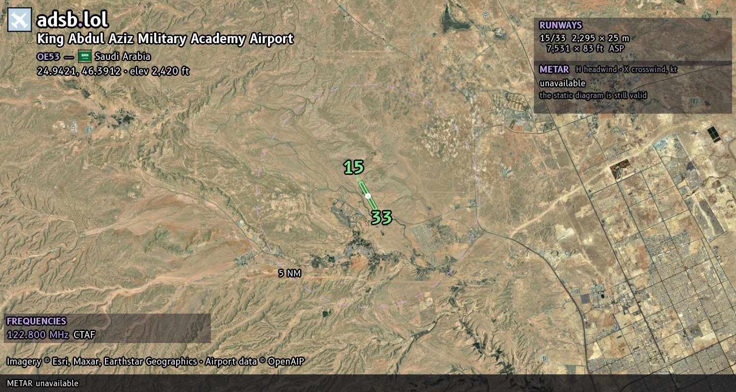 Satellite map with the runway layout of King Abdul Aziz Military Academy Airport (OE53)
