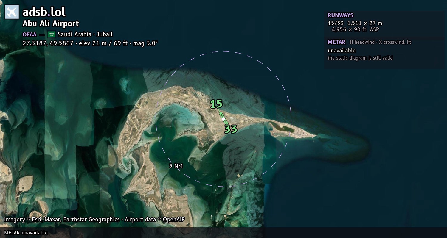 Satellite map with the runway layout of Abu Ali Airport (OEAA)