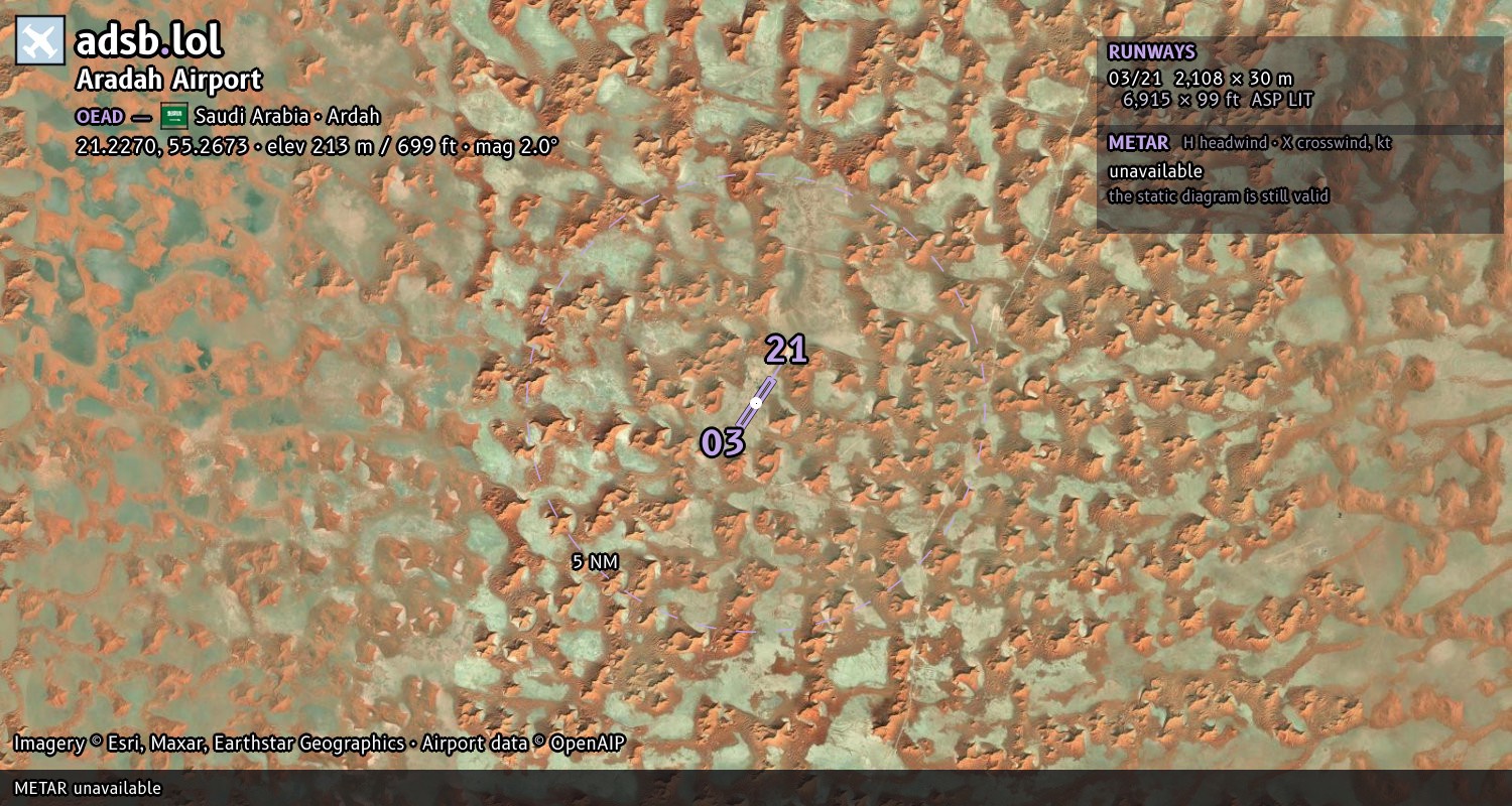 Satellite map with the runway layout of Aradah Airport (OEAD)