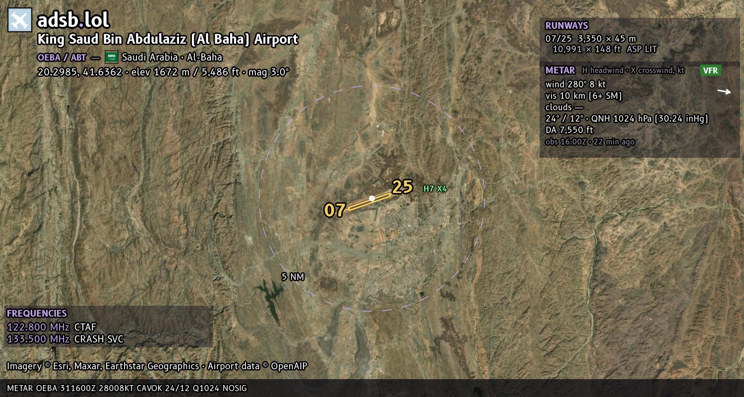 Satellite map with the runway layout of King Saud Bin Abdulaziz (Al Baha) Airport (OEBA)