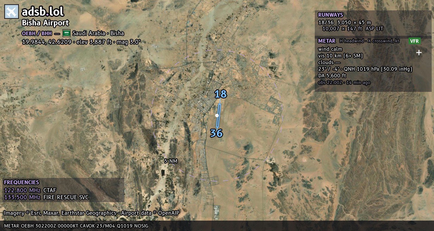 Satellite map with the runway layout of Bisha Airport (OEBH)