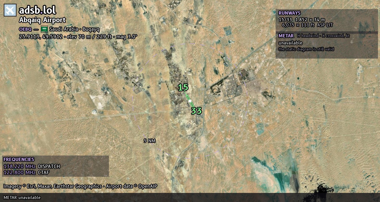 Satellite map with the runway layout of Abqaiq Airport (OEBQ)
